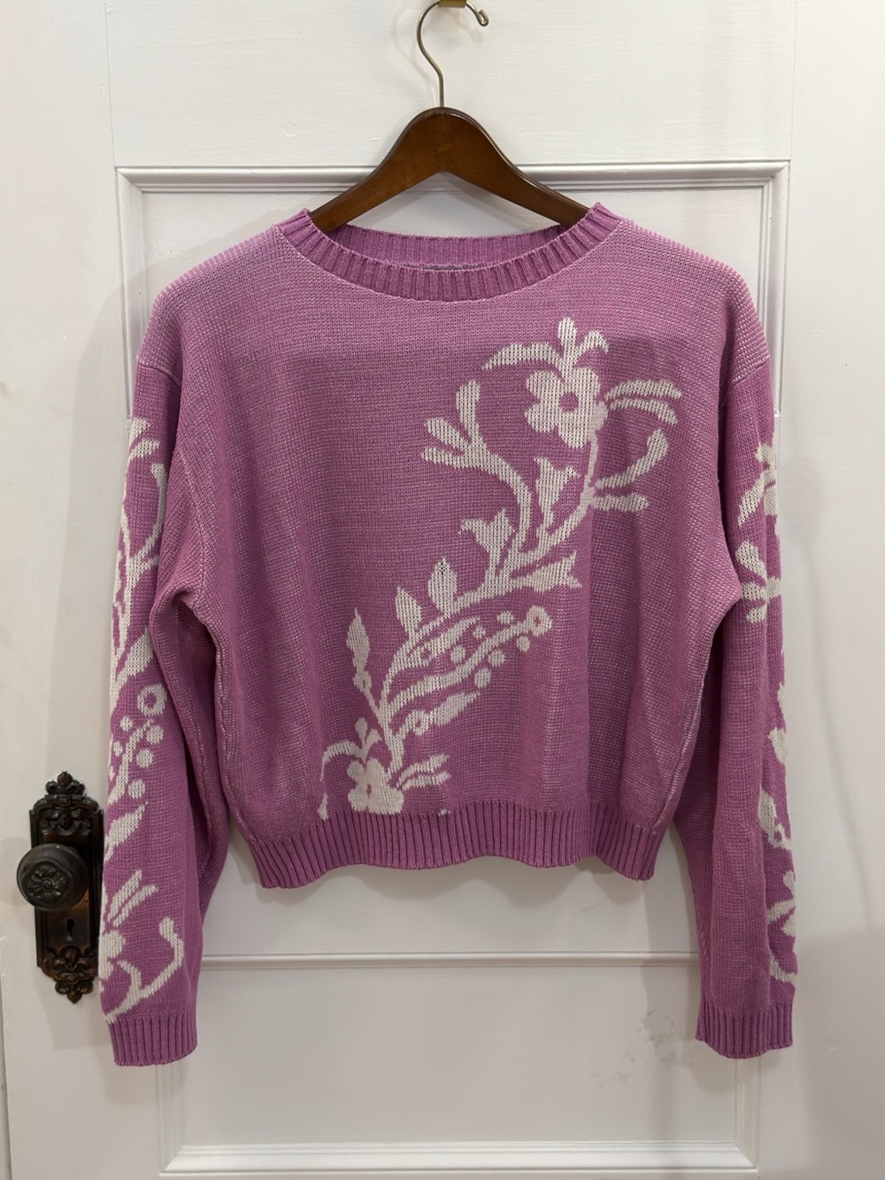 Vintage 90s Blair Purple Floral Knit Sweater Crewneck Cottagecore Pullover M